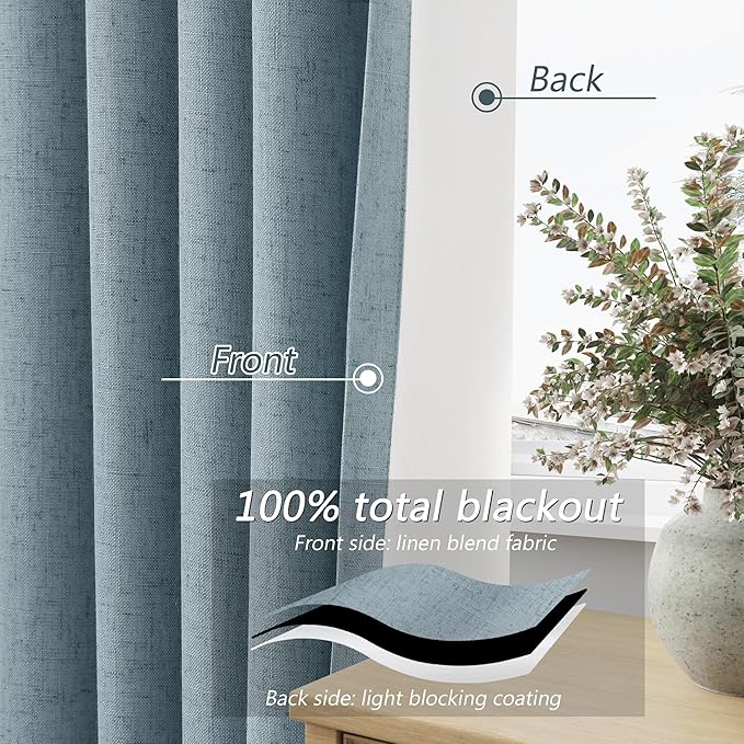 Guken Blue 100% Blackout Linen Curtains 108 Inch Length 2 Panels Set for Living Room Bedroom Back Tab Thermal Insulated Black Out Drapes Room Darkening Farmhouse Style for Bedroom Window Curtains