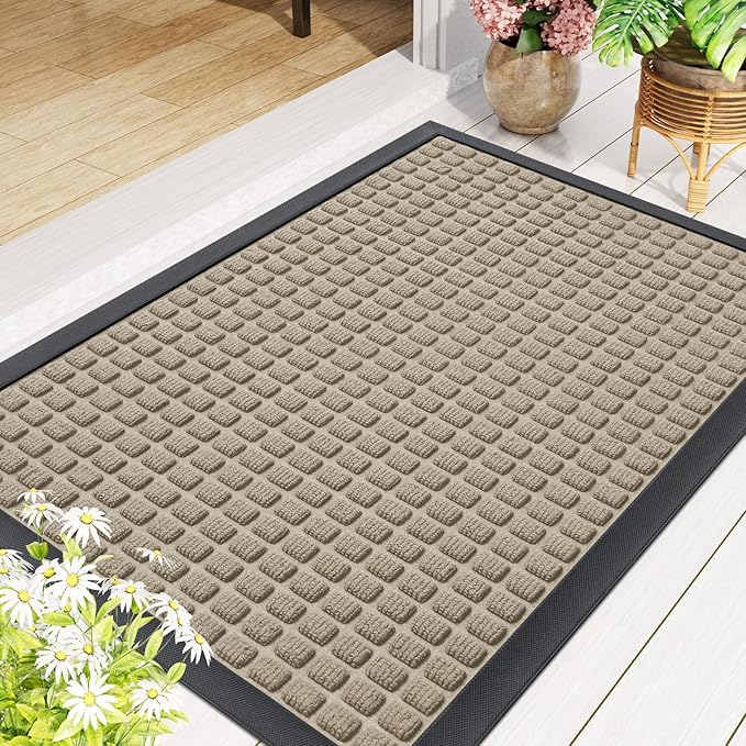 Smiry Front Door Mat Outside Entrance, Heavy Duty Natural Rubber Doormat, Non Slip, Trap Dirt and Moisture, Easy Clean, Low Profile Welcome Floor Mats for Indoor Outdoor Entry, 35x23 Inch, Beige