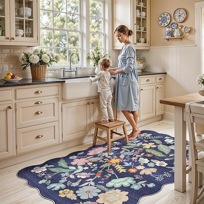 4x6 Living Room Area Rugs: Washable Boho Bedside Rug Non-Slip Floral Small Low Pile Carpet for Kitchen Bedroom Non-Shedding Floor Mat for Kids Room Office Durable Mat for High traffic Area(4x6，Purple)