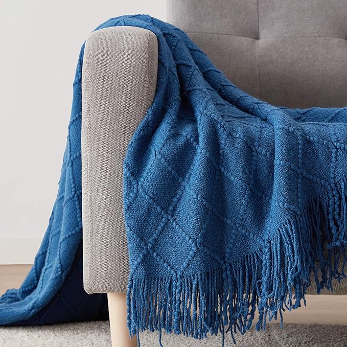 BOURINA Royal Blue Throw Blanket 60x80 Inches Throw Textured Solid Soft Sofa Throw Couch Knitted Decorative Blanket