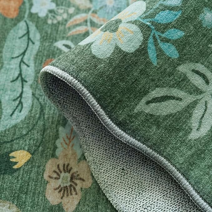2x5 Washable Kitchen Area Rug: Floral Scalloped Entryway Runner Farmhouse Non-Slip Floor Carpet for Hallway Bathroom Soft Comfort Tile/Hardwood Floors Protection Mat Cute Home Decor(2x5, Floral/Green)