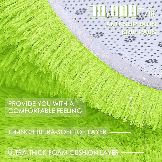 OLANLY Lime Green Round Rugs for Bedroom - Machine Washable, 8 ft Circle Area Rugs for Living Room, Soft and Fluffy Shaggy Carpet for Teen Girl and Boys, Nursery Rooms, Dorms, Home Decor Aesthetic