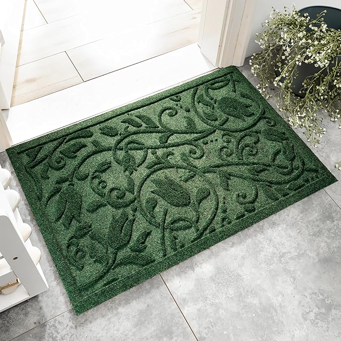 Boho Green Floral Leaves Outdoor Indoor Entrance Doormats, Absorbent Durable Heavy Duty Welcome Front Door Mat,Thick Natural Rubber Back,Easy Clean Entryway Mat 17x30 Inch, Low Profile