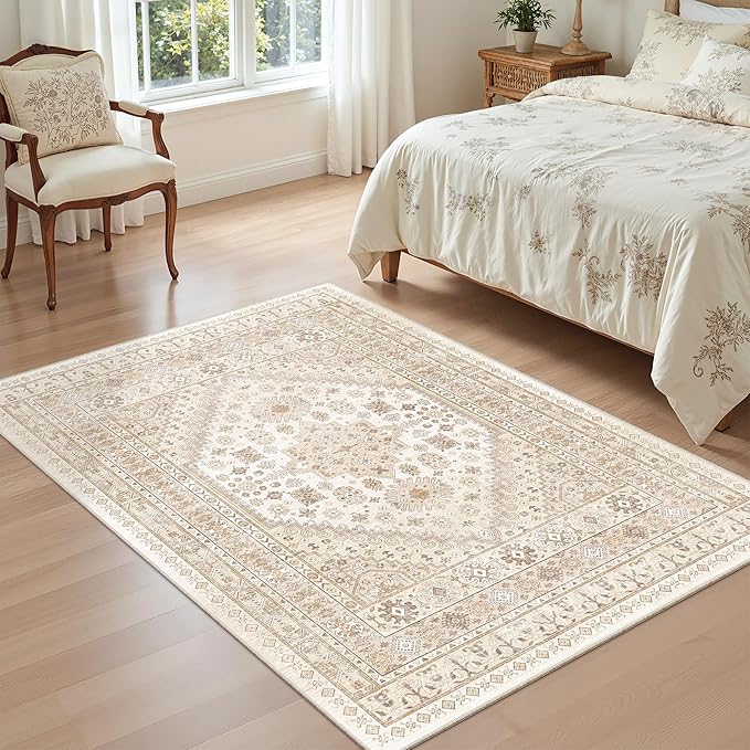 zesthome 4x6 Rug - Stain Resistant Washable Rug, Anti Slip Backing Rugs for Living Room, Foldable Vintage Small Area Rugs (Cream/Beige,4'x6')