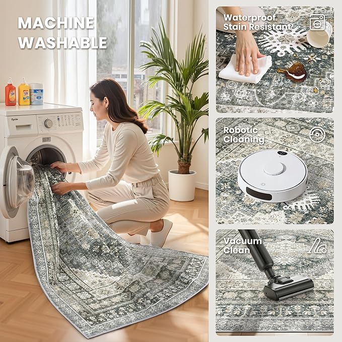 zesthome 6x9 Area Rug, Super Soft Washable Rugs for Living Room, Non-Slip Stain Resistant Vintage Rugs, Ultra-Thin Large Area Rugs (Wheat/Charcoal,6'x9')