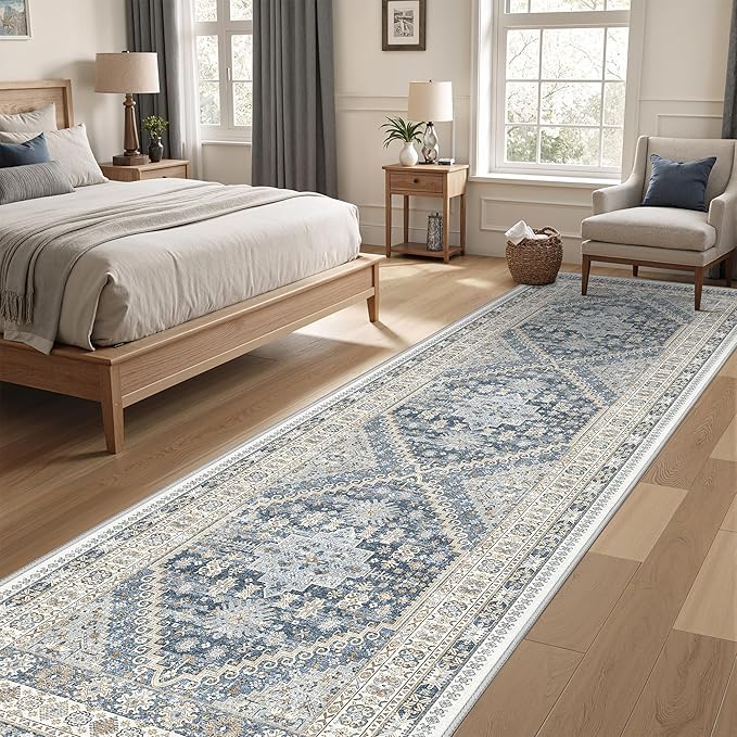 3x10 Runner Rug Non Slip Washable for Entryway, Front Porch, Vintage Hallway Runner for Laundry Room, Bedroom, Stain Resistant Thin Indoor Kitchen Mats for Floor(Blue/Beige,3'x10')