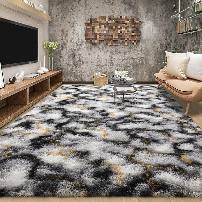 Tepook Soft Fluffy Rugs for Bedroom, 4x6 Area Rug for Living Room, Modern Shaggy Room Rug for Kids Boys Girls, Plush Throw Rugs Indoor Nursery Home Decor Rug with Non-Slip Bottom, White Black Gold
