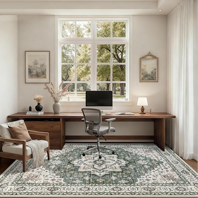 4x6 Area Rugs for Living Room: Washable Rug Soft Vintage Boho Medallion Carpet Indoor Non-Slip Stain Resistant Large Carpets for Bedroom Dining Room Farmhouse Nursery Home Office Green Ivory