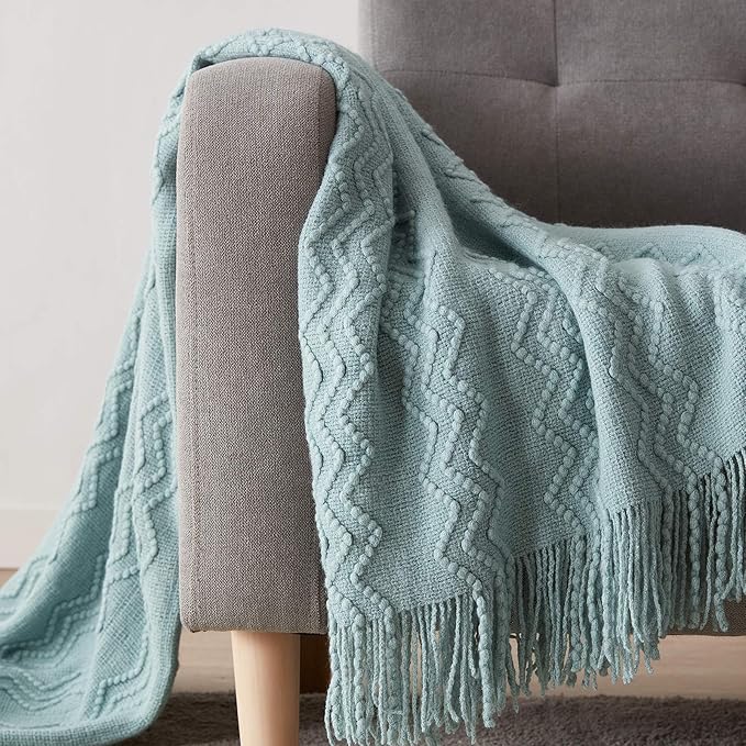 BOURINA Aqua Throw Blanket 50x60 Inches Throw Textured Solid Soft Sofa Couch Decorative Knit Blanket