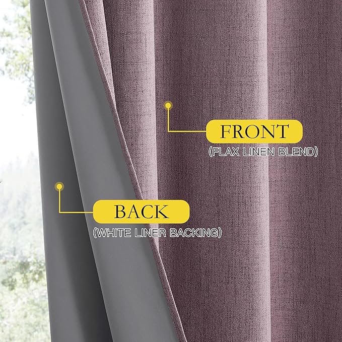 NICETOWN Chaise Mauve Vintage Linen 100% Blackout Curtains for Playroom, Thermal Insulated Curtains 72" Long, Noise Reducing Window Treatment Drapes for Laundry Room, 62" Wide Per Panel, Set of 2