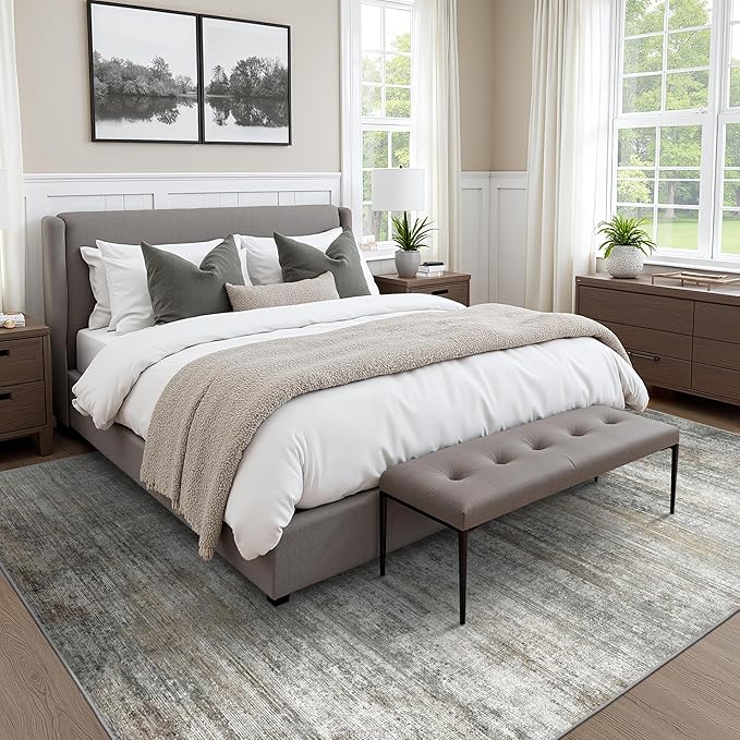 BEIMO Area Rugs 9x12 for Living Room Bedroom, Modern Abstract Machine Washable Rug, Large Soft Low Pile Floor Cover with Non Slip Backing for Dining Room, Ash Gray Brown