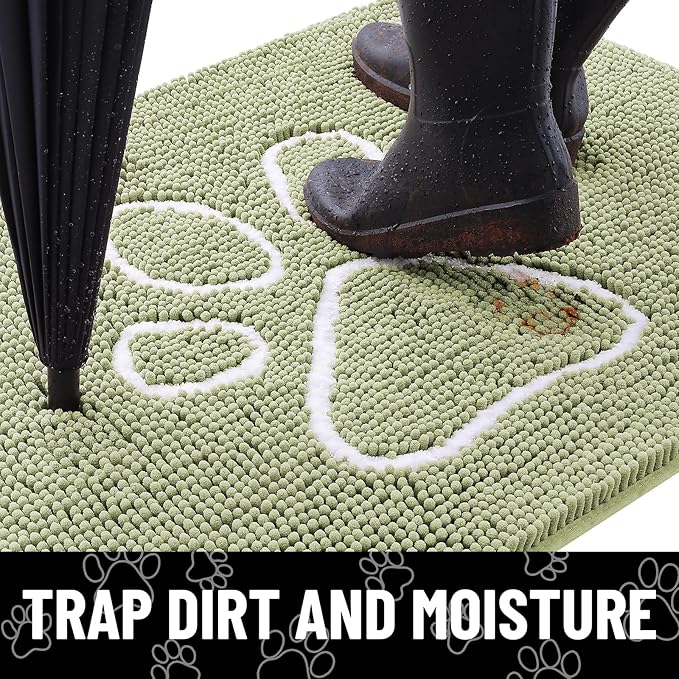 Smiry Dog Door Mat for Muddy Paws, Absorbent Dirt Trapper Non Slip Quick Dry Washable Chenille Mat for Mud Dogs, Entry Rug for Indoor and Outdoor (59x35 Inches, Sage Green and White)