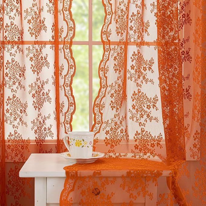 YJ YANJUN Vintage Lace Curtains 84 Inches Long-Rustic Floral Bohemian Burnt Orange Sheer Curtain Panels for Living Room Bedroom Kitchen,Light Filtering, Boho Autumn Fall Decor 2 Panels 52W x 84L
