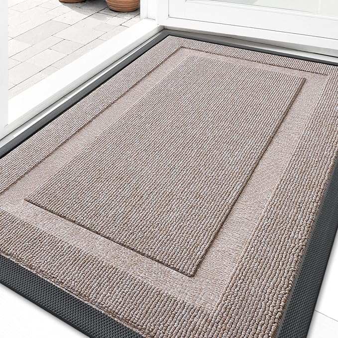 OLANLY Front Door Mat Indoor Outdoor Entrance, Waterproof All-Season, All-Weather Doormat, Sturdy Natural Rubber, Low Profile, Easy Clean Patio Porch Entryway Mat, 35x23, Camel