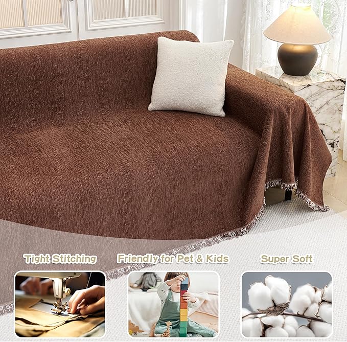 MYSKY HOME Couch Cover for Dogs Washable Couch Covers Couch Covers for Sofa Couch Cover 2 Cushion Sofa Non Slip Dogs Furniture Protector with Tassels Chenille Sofa Covers for Pets, 71"x102", Chocolate