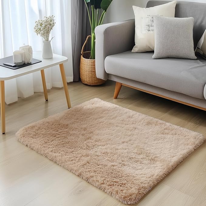 OLANLY 3x3 Machine Washable Small Bedside Rug, Soft Fluffy Shaggy Entryway Throw Rugs for Bedroom, Living Room, Indoor Floor Carpet for Kids Girls and Boys, Nursery Rooms, Home Decor Aesthetic, Beige