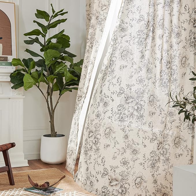 jinchan Linen Floral Curtains 100 Inch Extra Wide for Patio Sliding Glass Door Room Divider Curtain for Living Room 90 Inch Length Farmhouse Peony Black Printed Curtain Set 1 Panel
