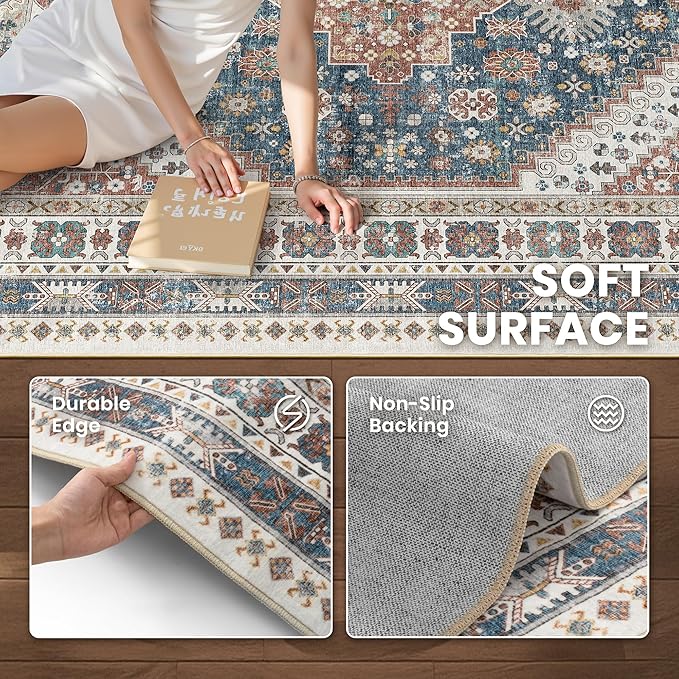 zesthome 10x14 Area Rugs,Stain Resistant Washable Rug,Ultra-Thin Rugs for Living Room,Bedroom,Non-Slip Backing Home Decor Large Area Rug (Navy Blue/Red,10'x14')