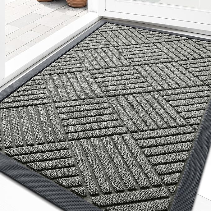 OLANLY Front Door Mat Outside Entrance 33x21, Absorbent, Heavy Duty Sturdy Natural Rubber Doormat Indoor Outdoor, Stain Fade Resistant, Non-Slip Low Profile Floor Mat for Entryway, Modern Gray Diamond