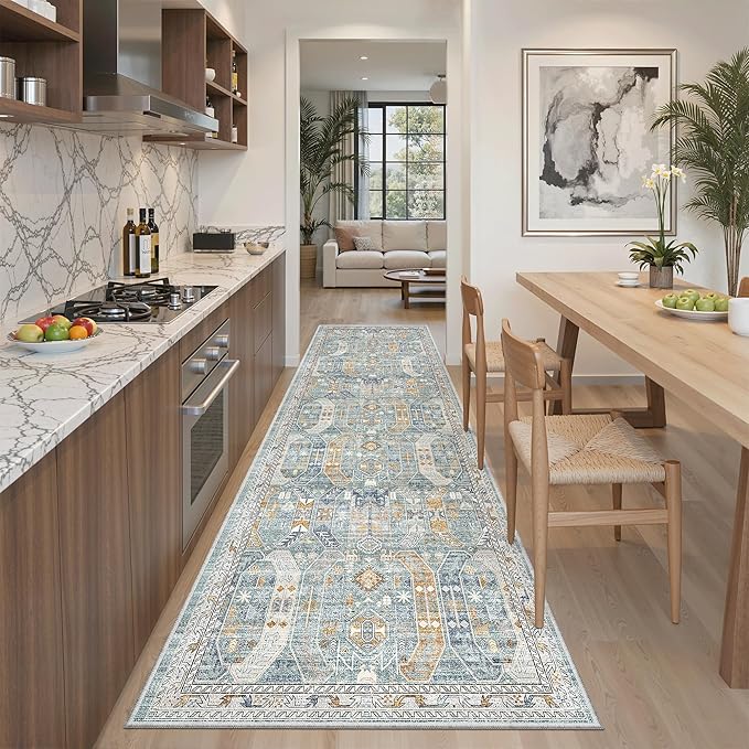 Madane Runner Rug 2'6''x8' Kitchen Runner, Hallway Runner Printed Vintage Washable Rugs Soft Non-Slip Low Pile Runners for Hallways Laundry Room Distressed Carpet, Blue/Gold