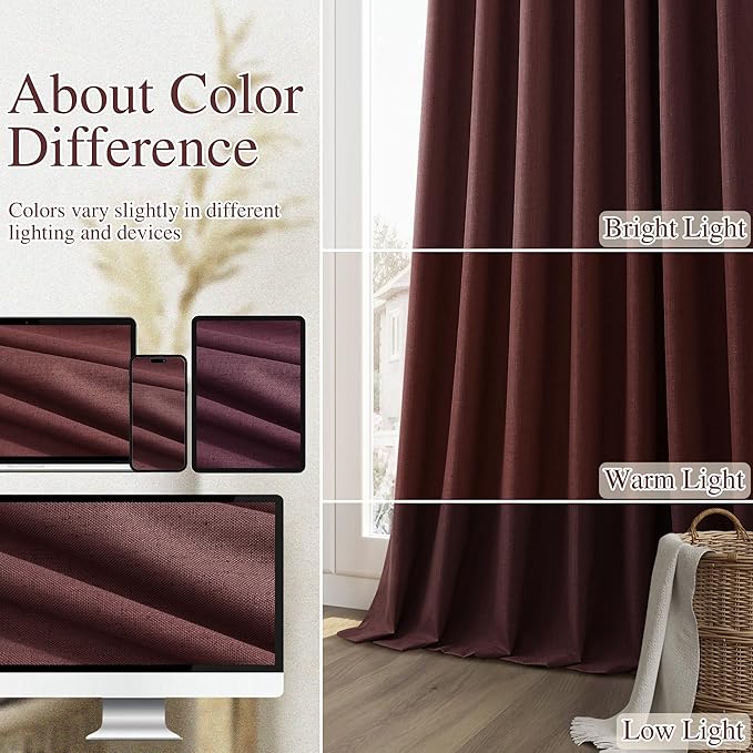Guken 100% Blackout Curtains 102 Inch Length 2 Panels Set for Living Room Bedroom Back Tab Thermal Insulated Black Out Linen Drapes Room Darkening Reddish Brown,52x102