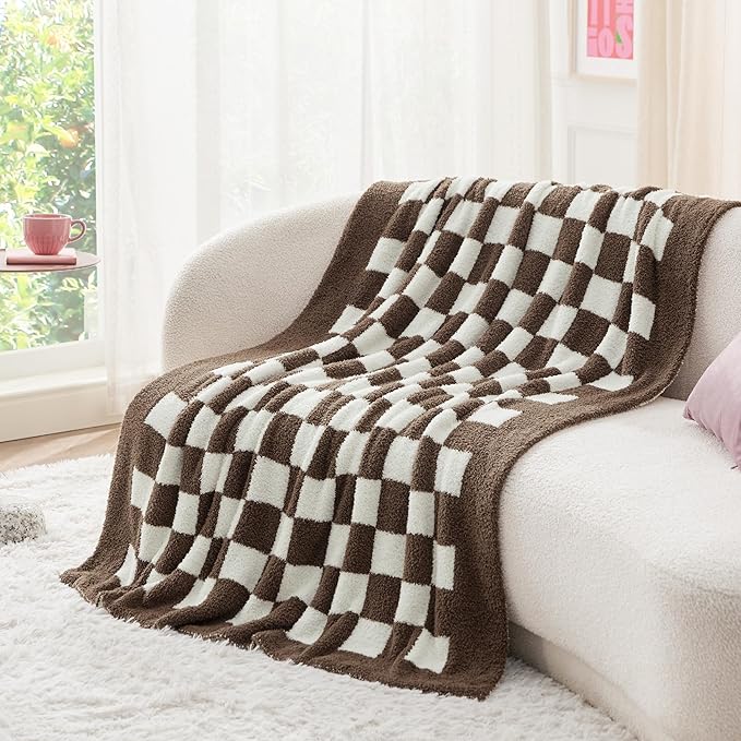 Bedsure Gentlesoft Checkered Twin Blanket for Couch - Soft Cozy & Warm Knit Brown Throw Blanket, Breathable, Lightweight & Fluffy Plaid Blankets for Bed & Sofa, Gifts for Women Men, 60x80 Inches