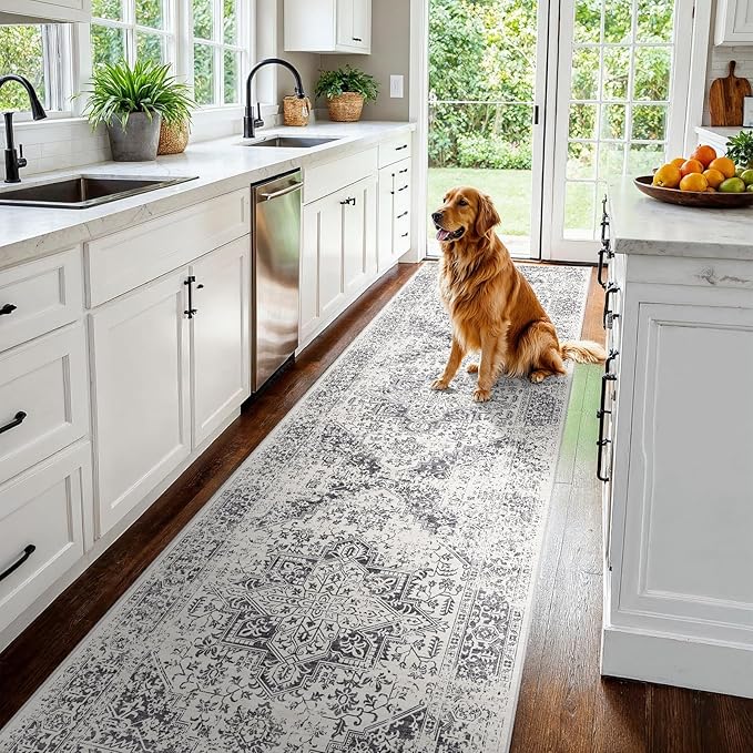 3x15 Washable Hallway Runner Rug - Vintage Kitchen Runners Low Pile Carpet Soft Thin Floor Runner with Rubber Backing for Entryway Living Room Home Decor (Distessed Grey)