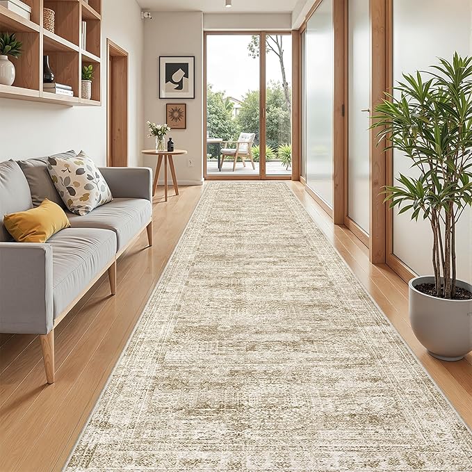 3x14 Washable Runner Rug for Hallway, Non-Slip Long Hallway Runner for Entryway, Soft Vintage Kitchen Mats for Floor, Abstract Dining Room, Bedroom, Living Room Rugs(3'x14', Brown/Ivory)