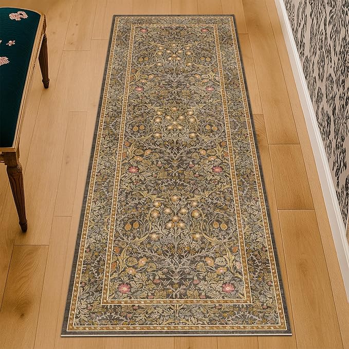 Hazo Haus Non Slip 2x5 Gold Brown Bathroom Runner Rug - Small Runner Rugs, Washable Kitchen Floor Mat, Bedroom, Laundry Room, Hallway Runner - Vintage Oriental Décor