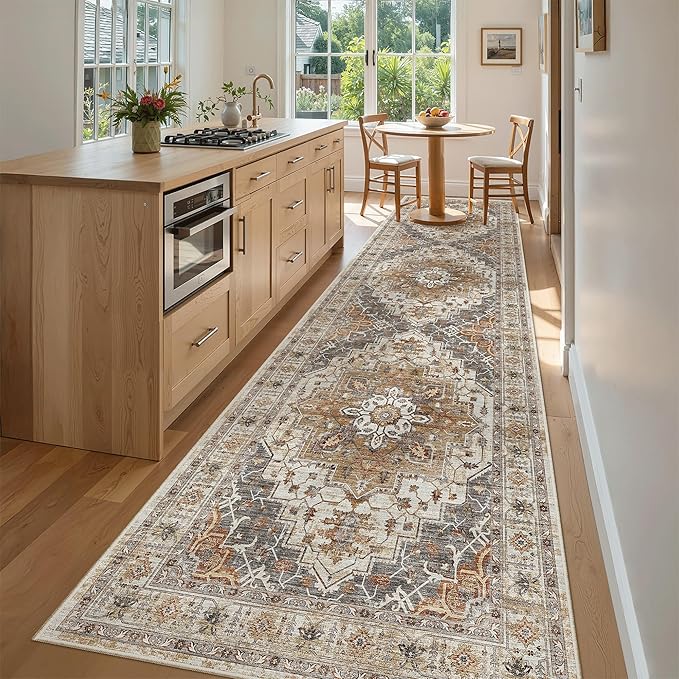 Madane 3x12 Hallway Runner Rug, Non Slip Washable 12ft Runner for Hallways Soft Vintage Kitchen Rugs Low-Pile Thin Floor Carpet Runner for Entryway Bathroom Bedroom, Turmeric/Grey