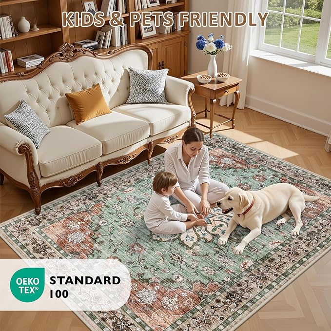 6x9 Area Rugs Living Room Rug: Washable Vintage Distressed Floral Rug No Slip Stain Resistant Soft Carpet Indoor Floor Large Carpets for Bedroom Dining Room Farmhouse Nursery Home Office Brown Green