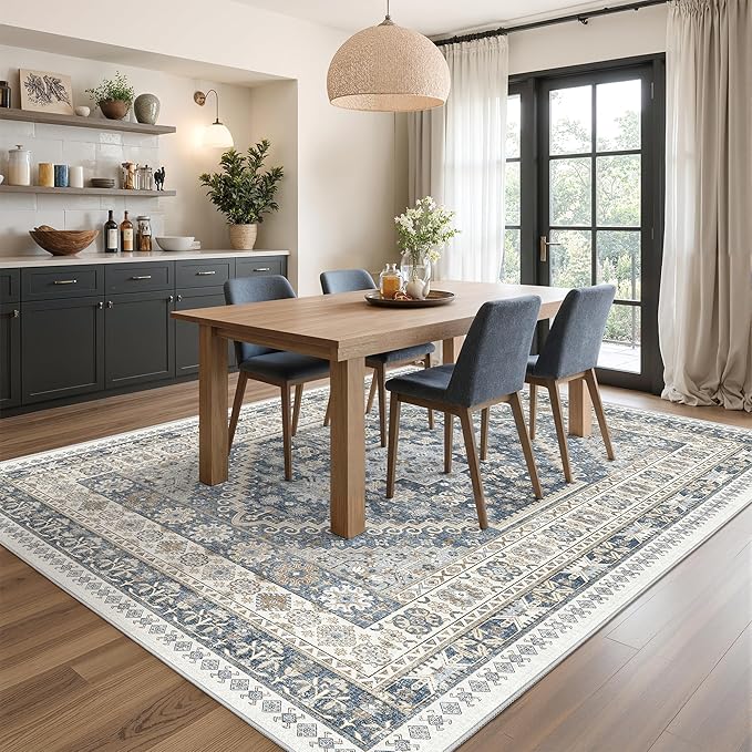 6x9 Area Rugs for Living Room,Soft Low Pile Indoor Washable Rugs for Bedroom, Non-Slip Backing Vintage Large Area Rug, Printed Vintage Floral Carpet(Blue/Beige,6'x9')