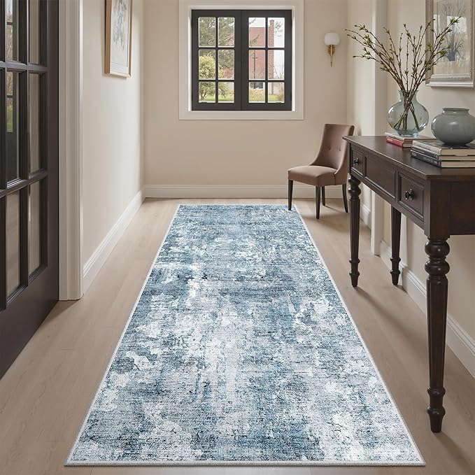 Runner Rug 3x6 Washable Non-Slip Kitchen Runner Rugs for Bathroom Laundry Room Blue/Grey Vintage Floor Carpet Runners for Hallway Entryway