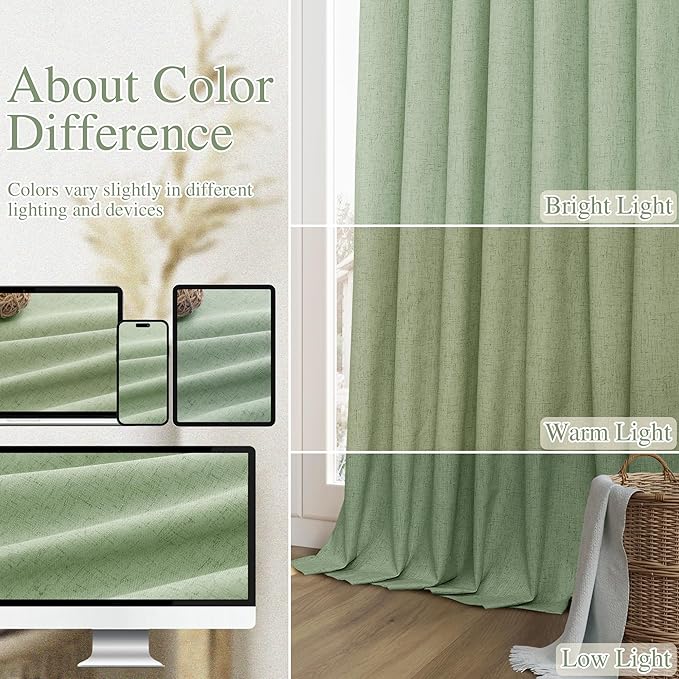 Guken Light Sage 100% Blackout Linen Curtains 90 Inch Length 2 Panels Set for Living Room Bedroom Back Tab/Rod Pocket Thermal Insulated Black Out Drapes Room Darkening Window Curtains,52x90