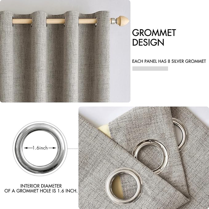 MIULEE Linen Curtains for Bedroom Solid 100% Blackout Thermal Insulated Greige Curtains Grommet Room Darkening Drapes for Living Room Nursery 52x108 Inch (2 Panels)