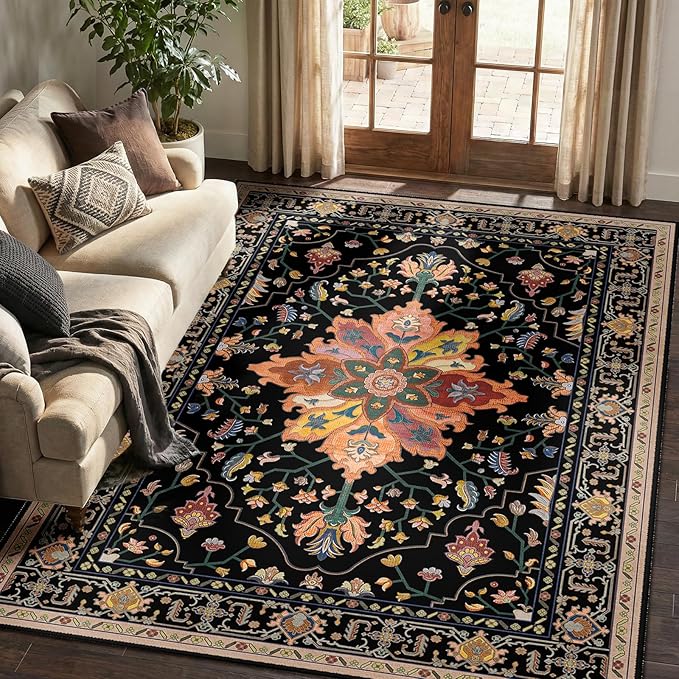 Area Rugs 5'x7' Washable Non-Slip, Floral Vintage Distress Print Pattern Medallion Carpet for Living Room Bedroom Dining Room, Black Colorful Floral Dark Tan