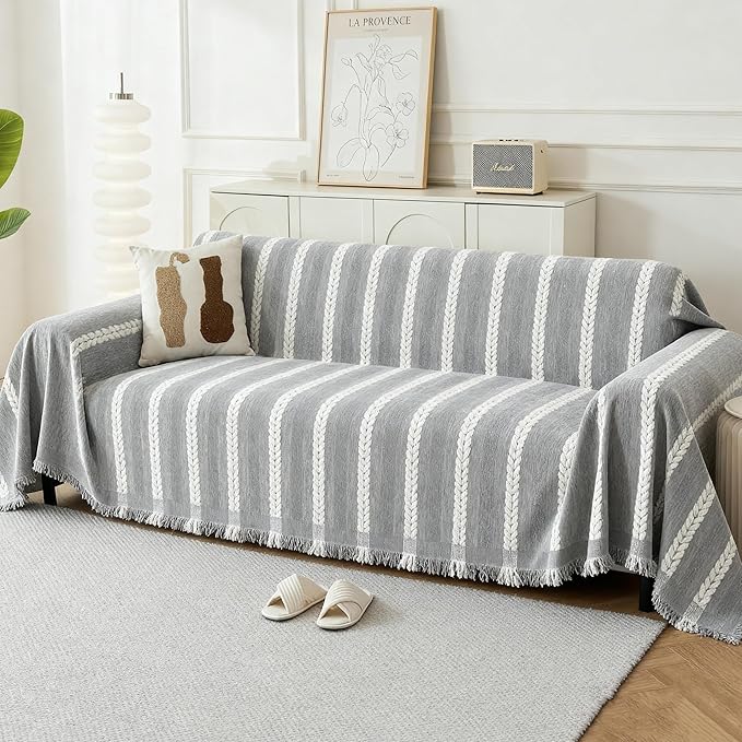 Couch Cover for Dogs, Boho Sofa Covers for 3 Cushion Couch, Chenille Sofa Slipcover for Pets Washable, L-Shape Sectional Loveseat Cover Soft Throw Blankets with Tassels(71x118,Striped Grey)