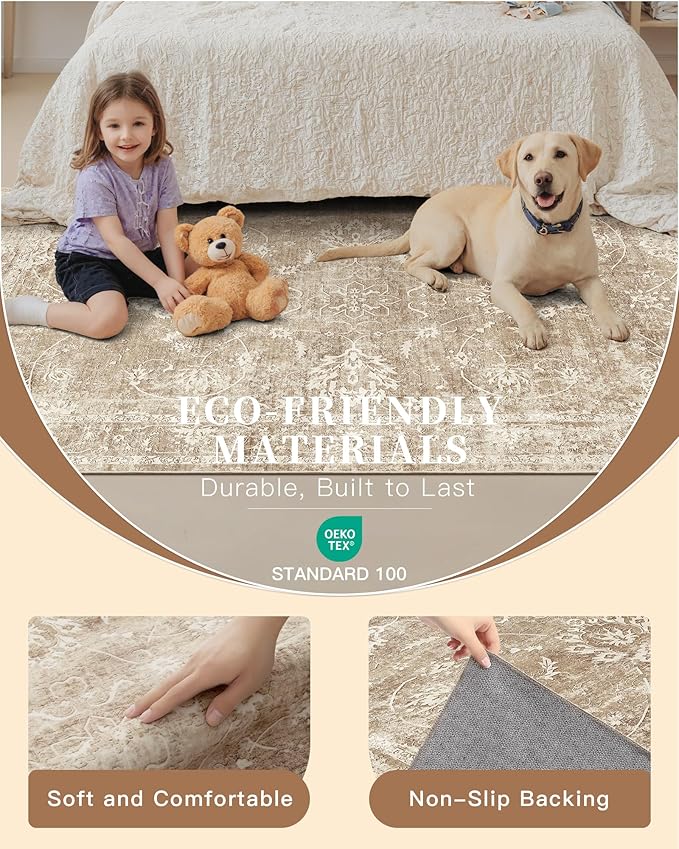 Madane Washable Area Rug 4x6, Low Pile Stain Resistant Vintage Area Rugs, Non Slip Accent Rug Floral Print Indoor Mat for Entryway Living Room Kitchen Bedroom, Beige/Brown