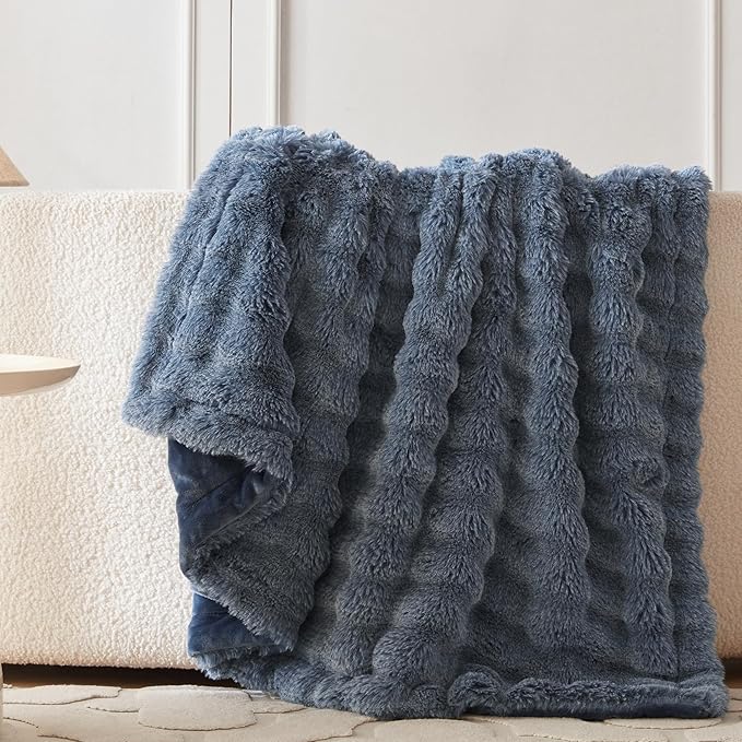 COOVA Faux Fur Throw Blanket for Couch, Cozy Soft and Fuzzy Plush Rabbit Fur Bubble Blanket for Sofa Bedroom Living Room, 50x60 Inches Cationic Dark Blue