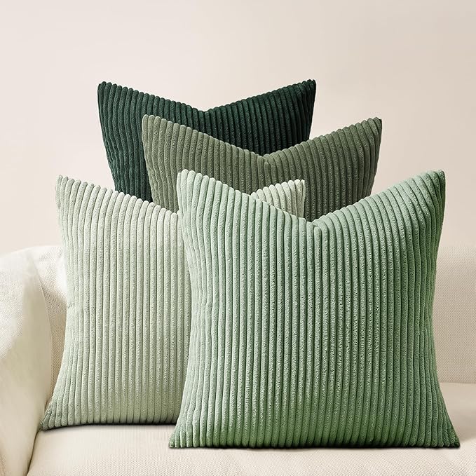 Topfinel Light Green Decorative Throw Pillow Covers Green Series,Winter Fluffy Corduroy Striped Euro Pillows Shams for Couch Bed Bedroom,Western Modern Hunter Green Pillowcase 20x20 Inch Set of 4