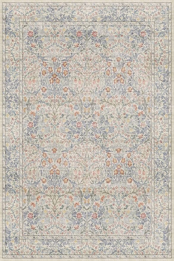Hazo Haus Vintage Washable Beige Blue Area Rugs for Bedroom Under Bed, Living Room, Nursery, Kitchen, Entryway, Low Pile Non Slip Stain Resistance Distressed Retro Indoor (Beige Blue, 4 x 6)