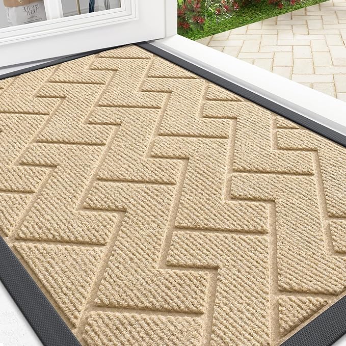 OLANLY Front Door Mat Indoor Outdoor Entrance, Waterproof All-Season, All-Weather Doormat, Sturdy Natural Rubber, Low Profile, Easy Clean Patio Porch Entryway Mat, Herringbone Brick (Beige, 29.5x17)