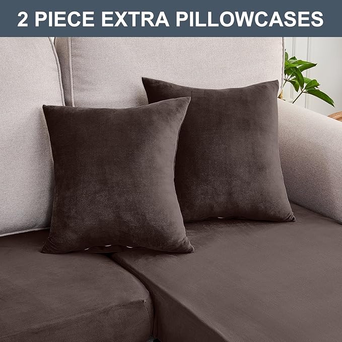 Couch Cover 6-Piece Elastic Velvet Couch Cushion Covers & Chaise Slipcovers for L-Shaped Sofas - Sofa Seat Covers Washable, Soft Protector for Couches (5 Seater + Chaise, Coffee)