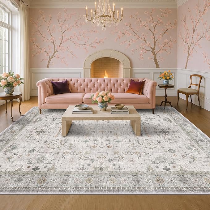 Hazo Haus Boho Light Grey Living Room Rug 10x12 - Modern Vintage Eclectic Floral Pastel Neutral Taupe, Washable Low Pile Non-Slip Extra Large Area Rugs for Dining Under Table Bedroom Lounge