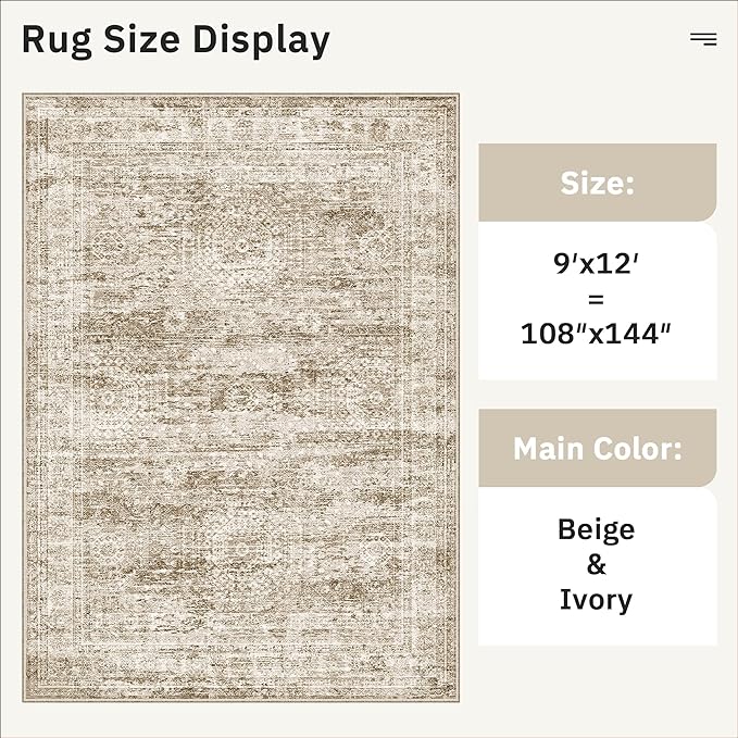 9x12 Area Rugs for Living Room, Non Slip Machine Washable Vintage Rugs, Low Pile Lightweight Large Rug for Bedroom, Dining Room, Home Office Brown