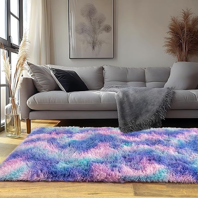 Runner Rugs for Bedroom 2x6 Rug Runners for Hallways Non Slip Soft Shag Bedside Rug, Fluffy Area Rug Throw Rugs for Living Room, Floor Carpet Runner for Nursery Kids Dorm, Rainbow Purple