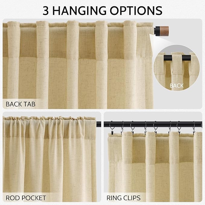 Nanspring Cream Yellow Linen Curtains 90 Inches Long for Living Room Light Filtering Modern Farmhouse Sheer Curtains Back Tab and Rod Pocket Curtain for Bedroom Office 52x90, 2 Panels