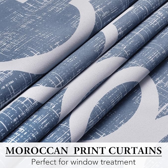 Beauoop 100% Blackout Curtains 90 Inches Long 2 Panels for Bedroom Living Room Blue Moroccan Geo Room Darkening Thermal Insulated Soundproof Grommet Top Window Treatments Drapes, 50x90 Set of 2