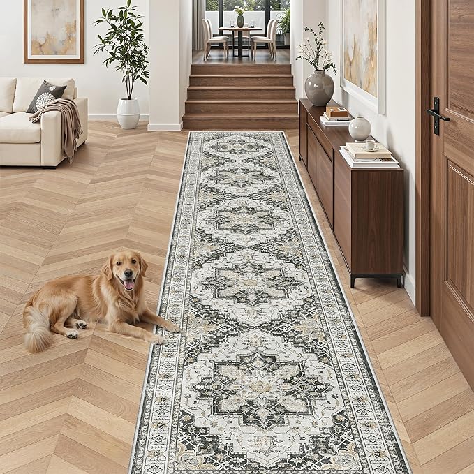 Madane Hallway Runner Rug 2'6''x16' Kitchen Runner - Non Slip Vintage Runners for Hallways Washable Kitchen Rugs Soft Low Pile 2.5x16 ft Rug Runner for Laundry Room, Entryway and Bedroom, Black