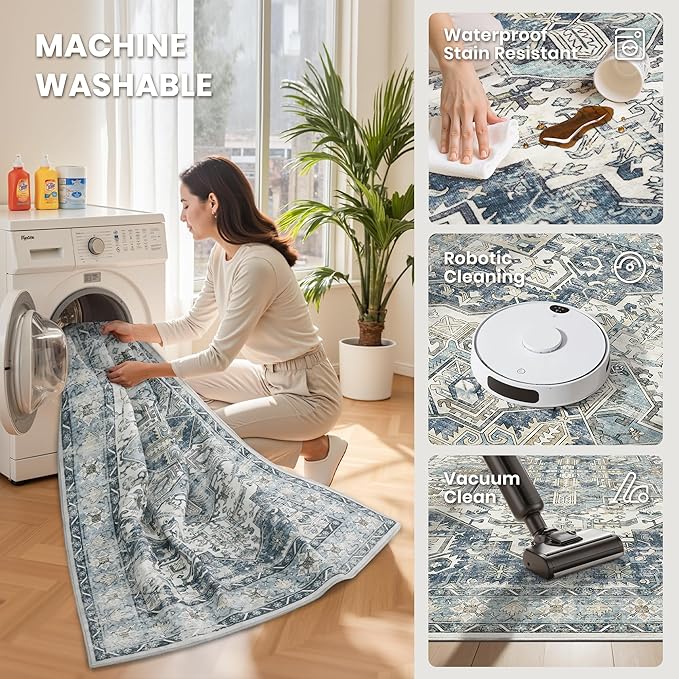 zesthome 5x7 Washable Rug-Stain Resistant Area Rugs for Living Room, Ultra-Thin Vintage Rugs, Non-Slip Backing Rug, Low Pile Large Area Rug, Boho Home Decor